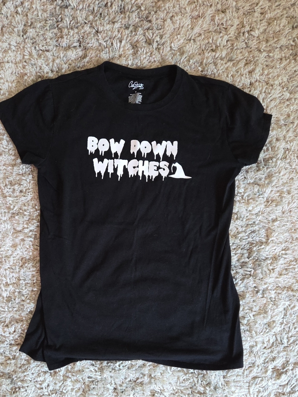 City Streets Black Graphic Tee with White 'Bow Down Witches' Print
